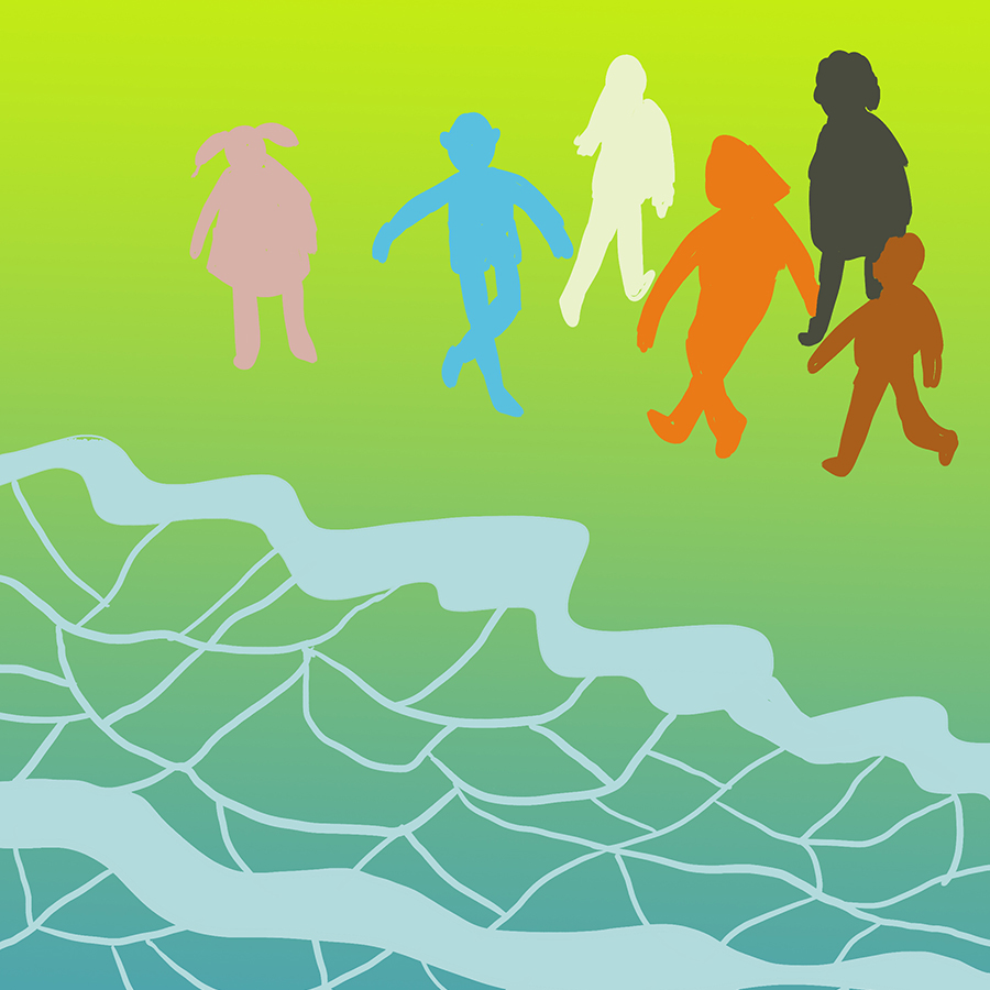 Metaphysical illustration of different colored children (pink, white, blue, orange, and black) by the sea
