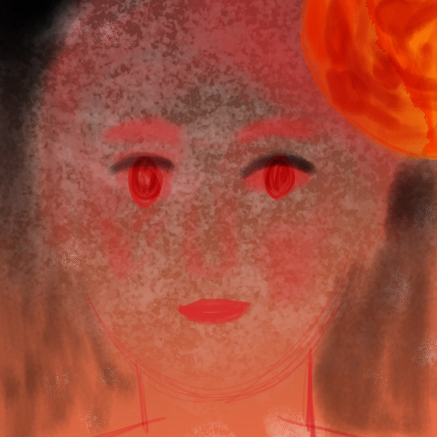 abstract illustrated portrait of a woman with red flames in her hair