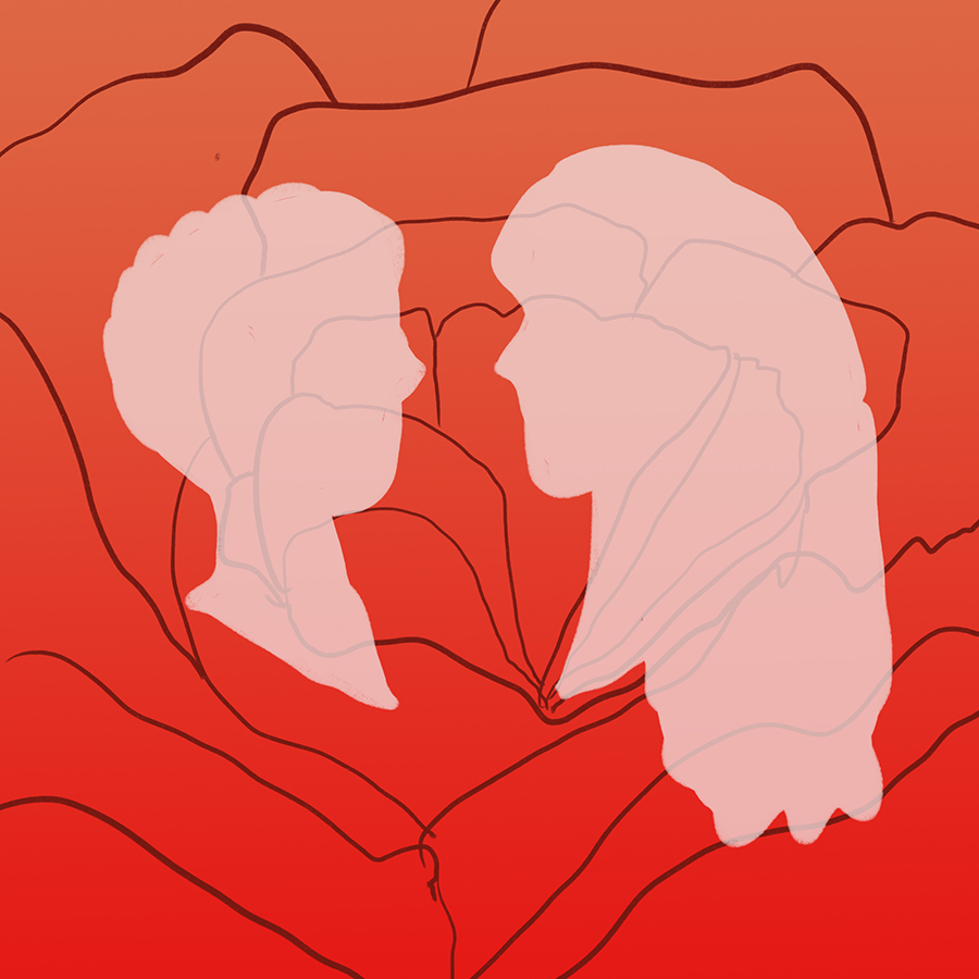 illustrated profiles of a man and a woman set against the backdrop of a red rose