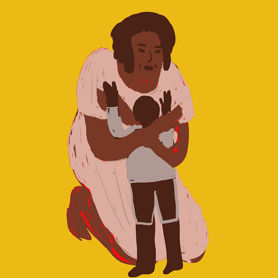 main character Rachel, a black woman, hugging her boy, Henry