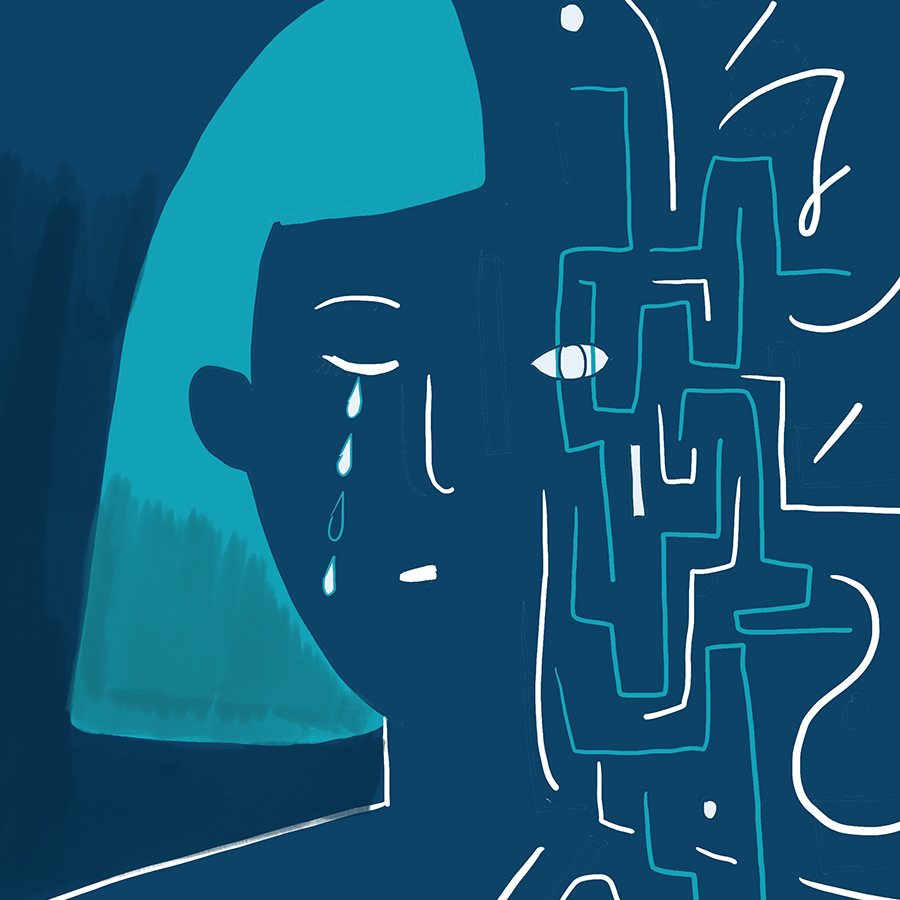 abstract illustrated portrait of a woman's face with one half having the eye closed and full of tears and the other half the eye open and surrounded by geometric lines