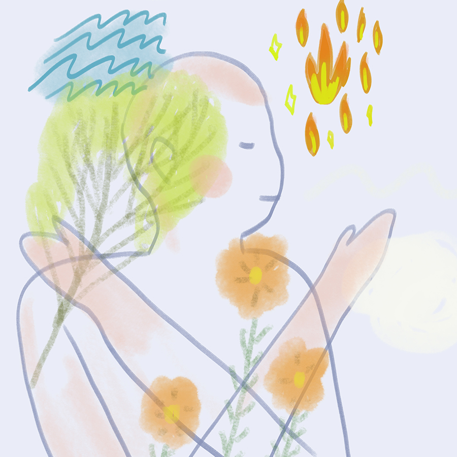 figure standing with arms crossed surrounded by water, fire, trees, and flowers