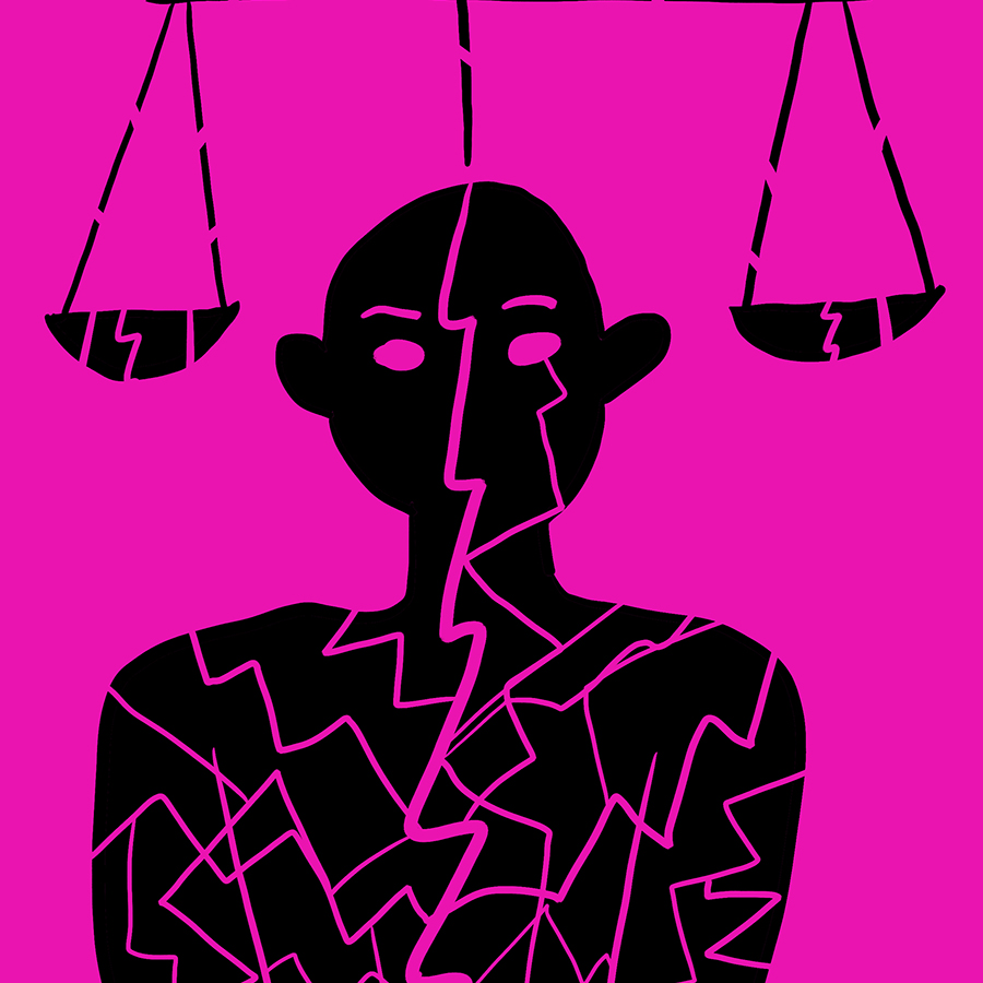 silhouette of a person staring forward with cracks permeating the boy and a large crack breaking down the middle of the person with two cracked scales of justice on either side of the person