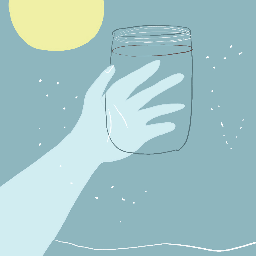 illustration of someone holding up a jar of wine toward the moon