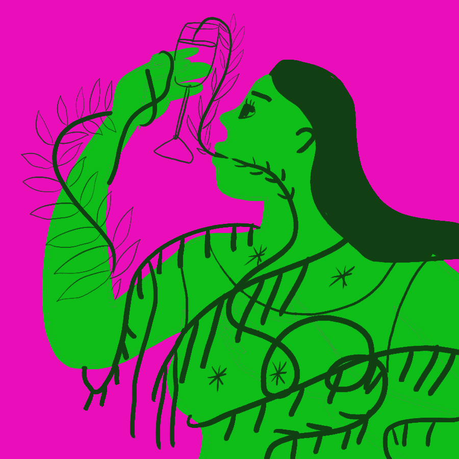 illustration of an abstract desire for want through the depiction of a woman drinking wine from a glass and the vine of the wine going through the woman's body, up through the arm, and connecting back to the wine glass