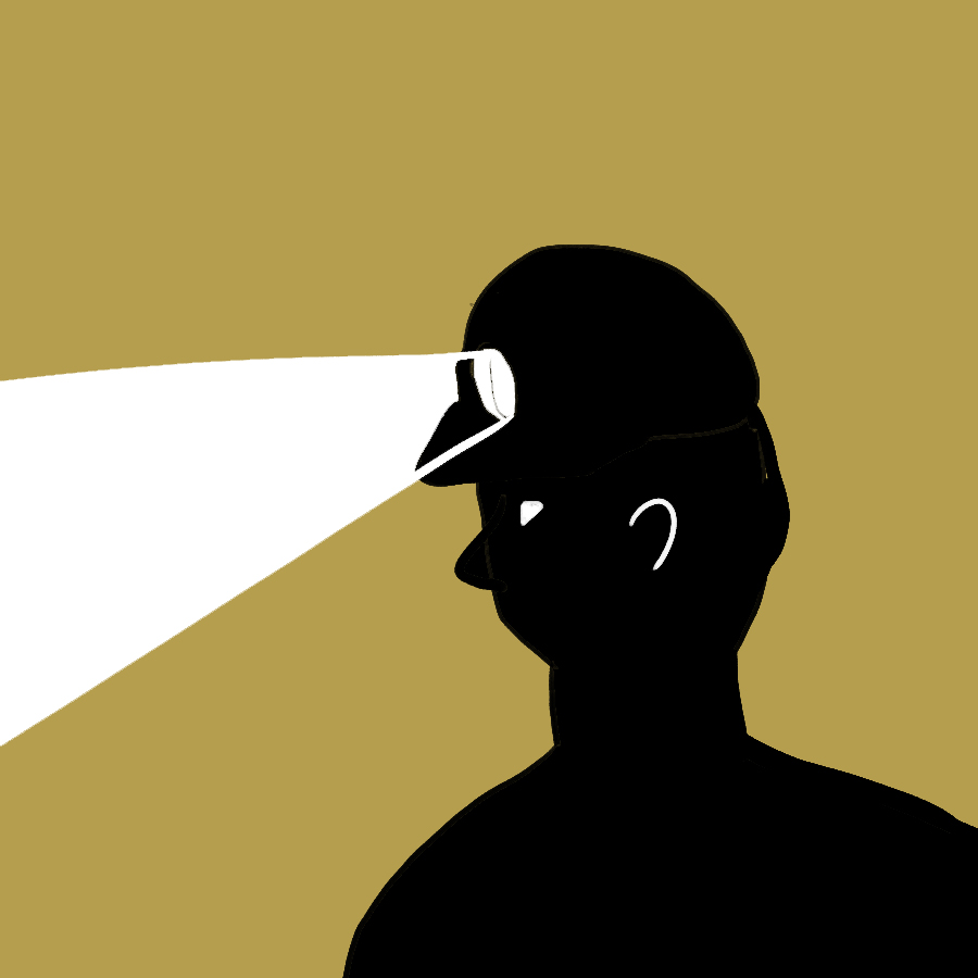 illustrated sillouette of a person wearing a mining helmet that shines a light off to the side