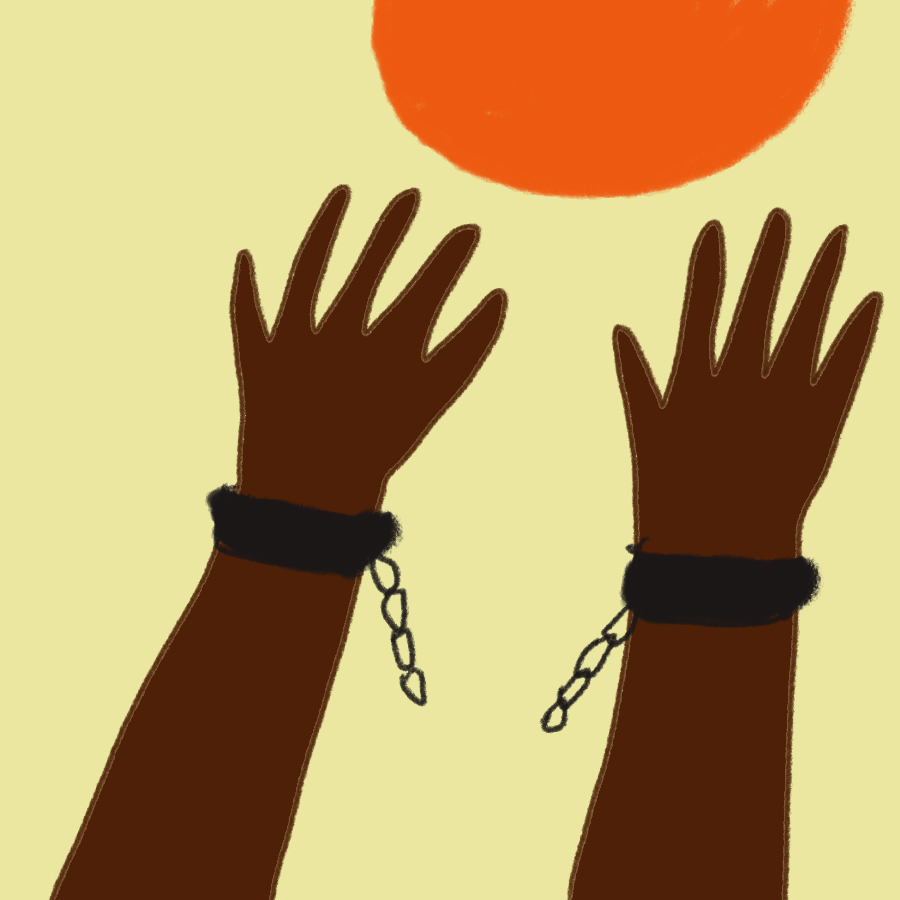 illustration of Black hard with broken manacles raised toward the sun