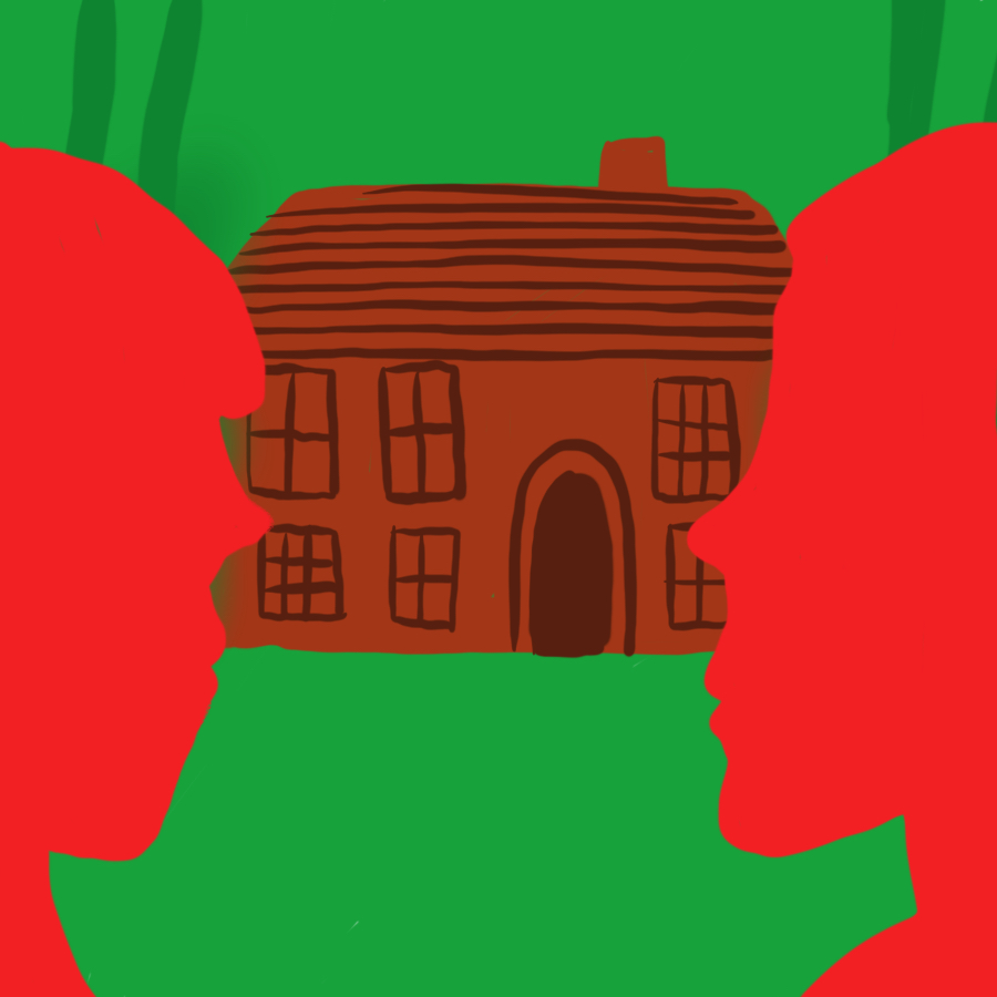 illustration of two people in profile staring at one another with a large house in the distance behind them