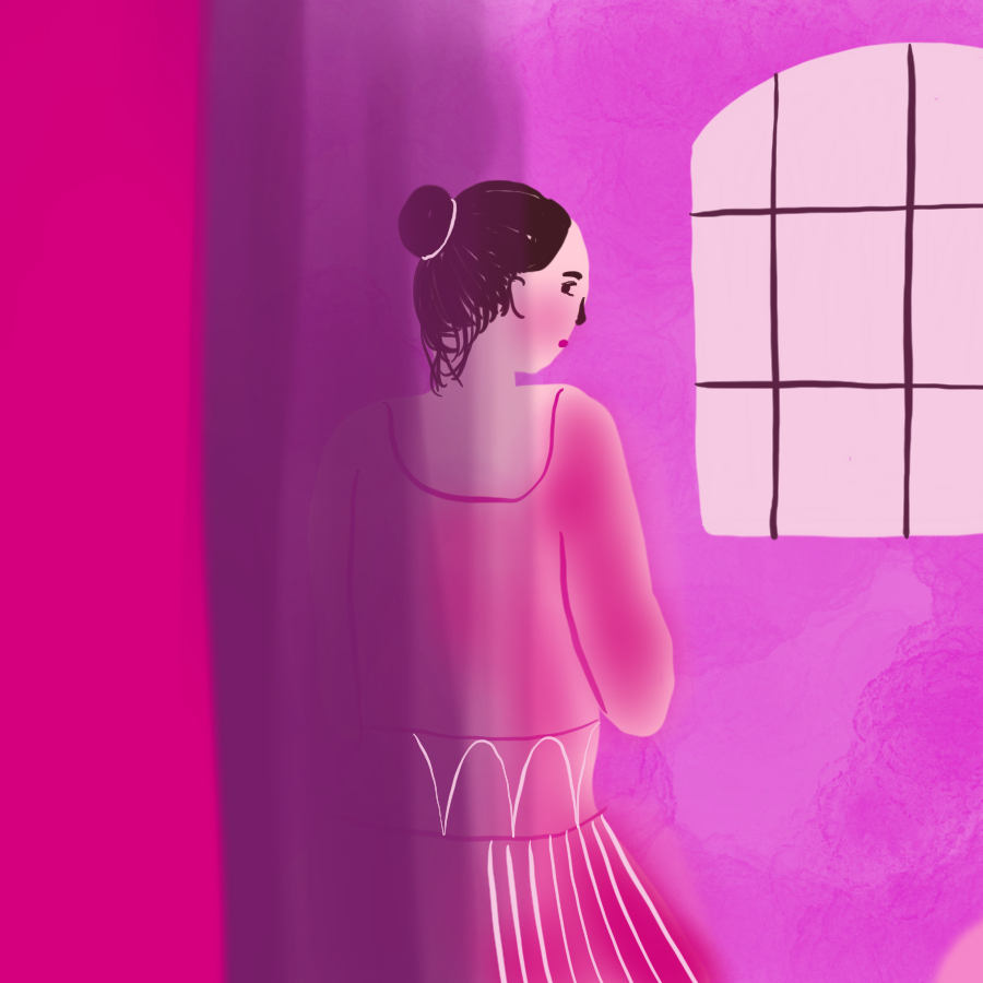illustration of Emma Bovary standing in front of a window and looking over her shoulder