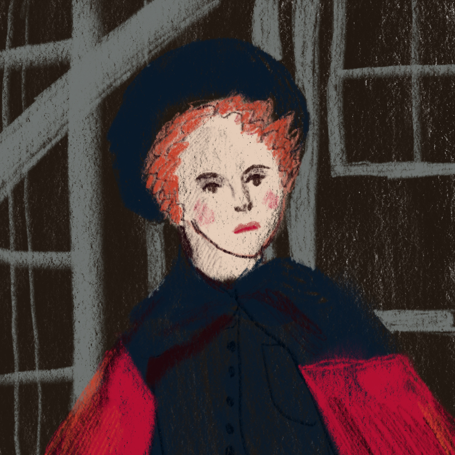 Illustration of Andrew Undershaft depicting a boy with red hair, formal attire, and a black cap standing in front of a building or structure