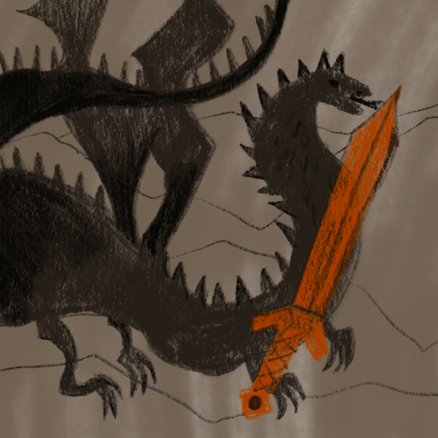 Illustration of a black dragon and a sword