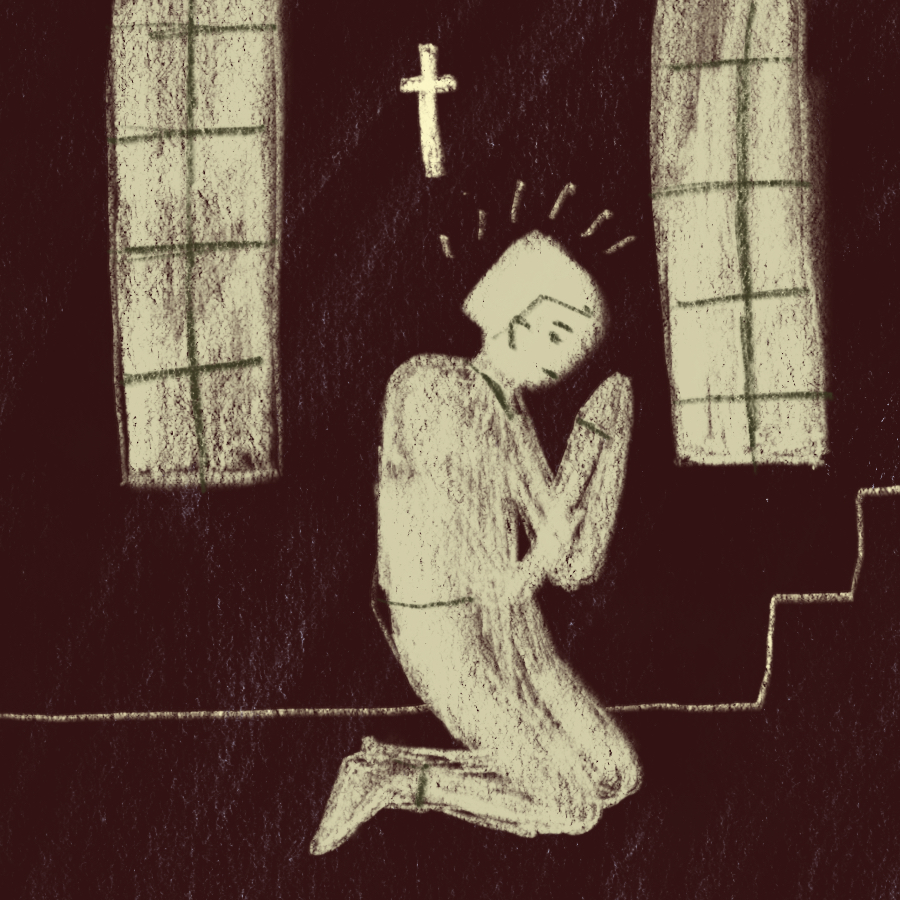 illustration of main character, Otto, kneeling with his hands in prayer inside a Christian church