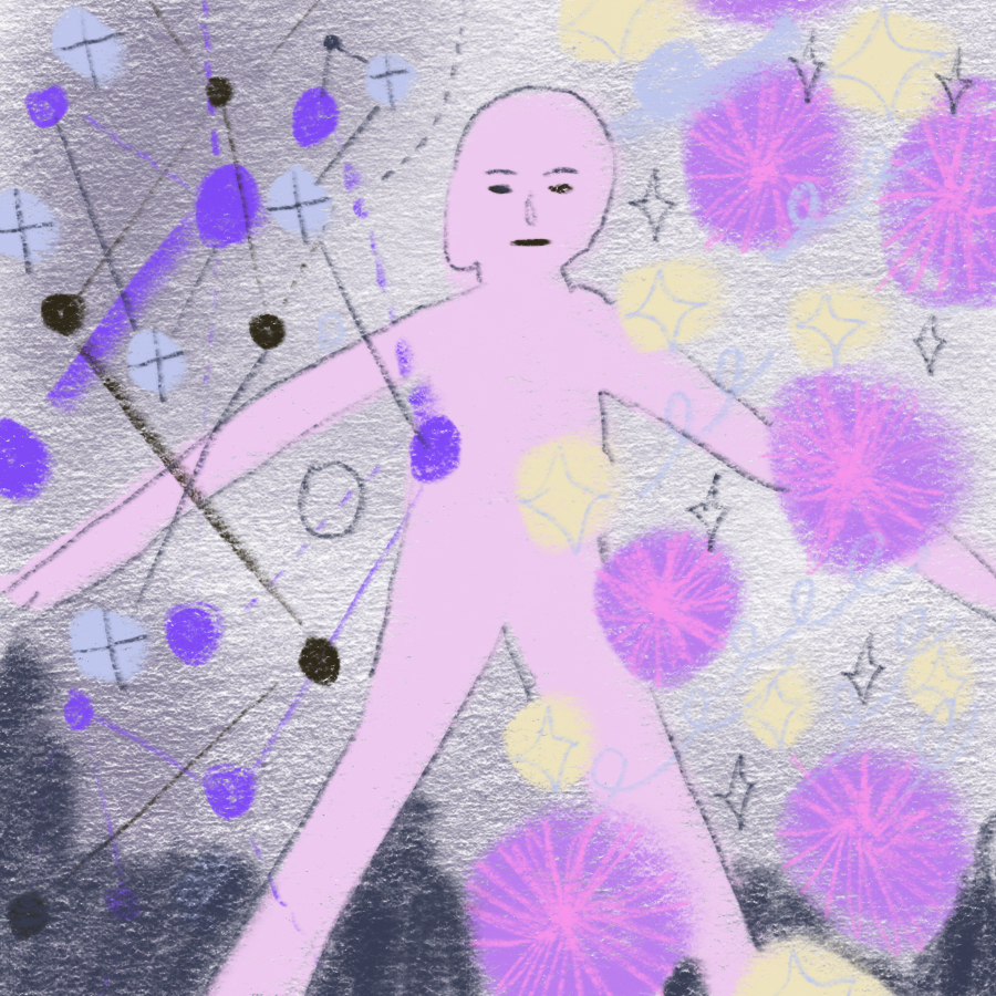 person standing with arms and legs outstretched surrounded by ambiguous and abstract symbols