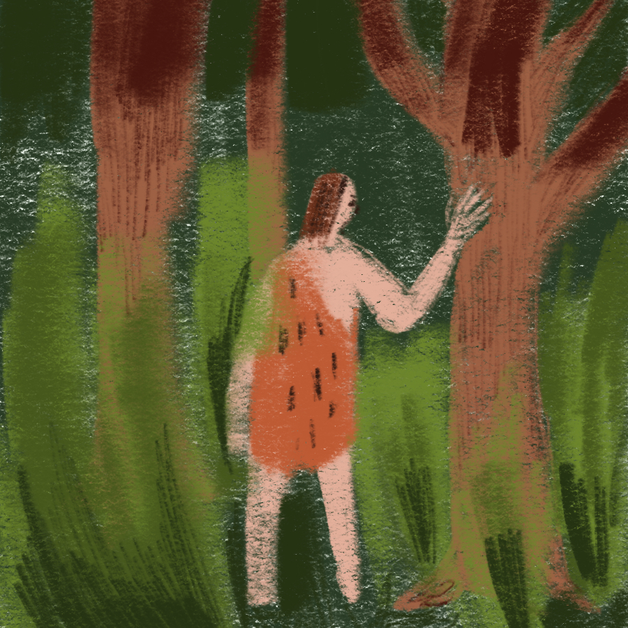 illustration of Tarzan standing in the jungle with his hand resting on a tree