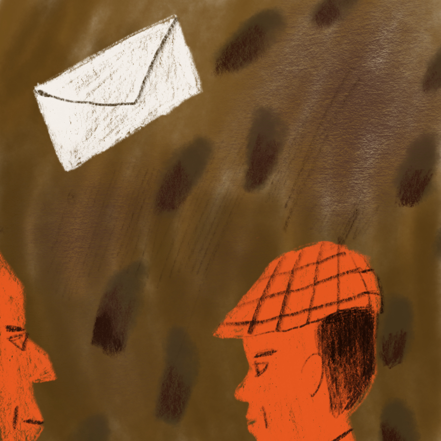two men, Sherlock Holmes and Professor Moriarty, stare at one another and an envelope floats above them