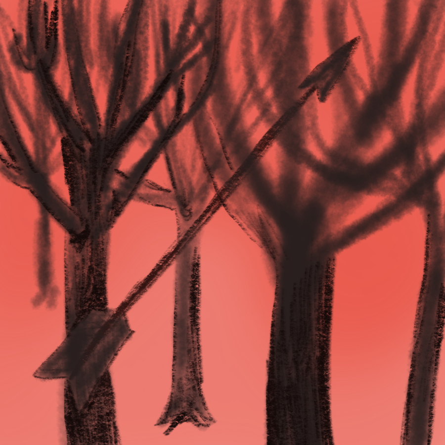 illustration of a black arrow set against a forest background