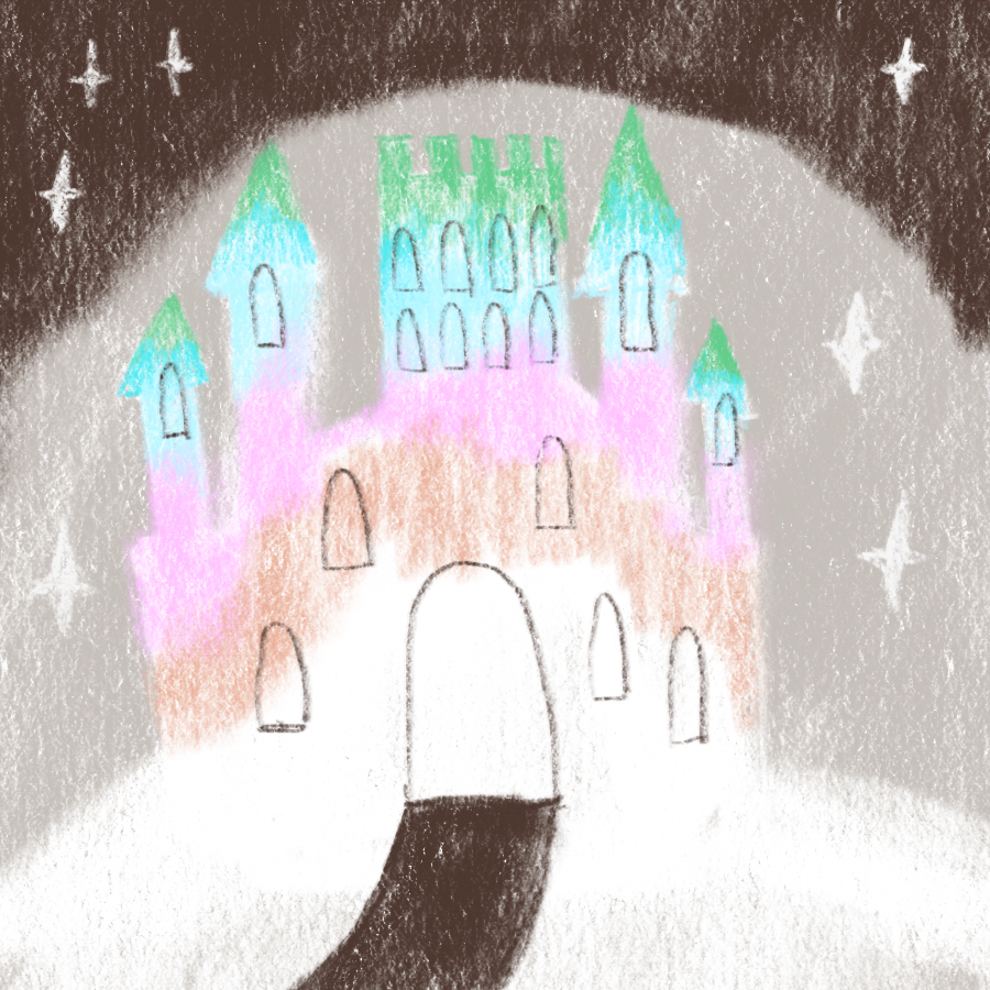 illustration of a multicolored, ethereal castle set against a night sky