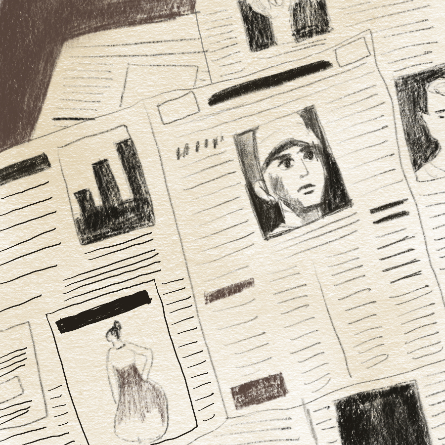 illustration of open newspaper periodicals piled atop one another