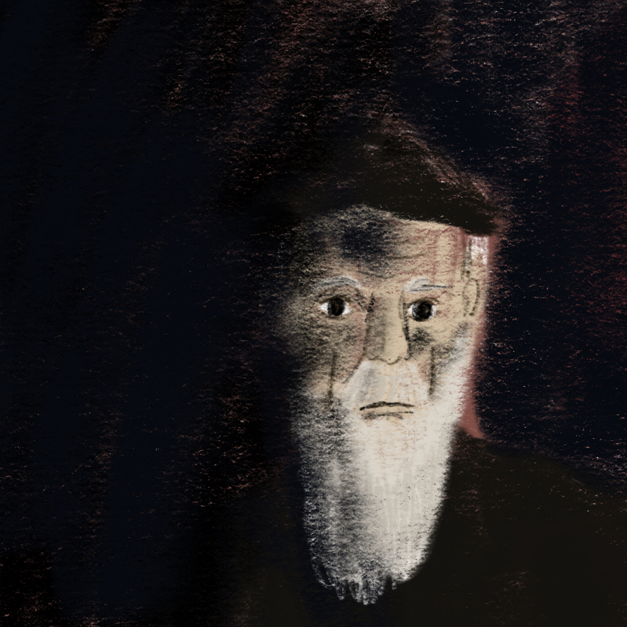Illustration of Barabas with a long white beard in a dark background