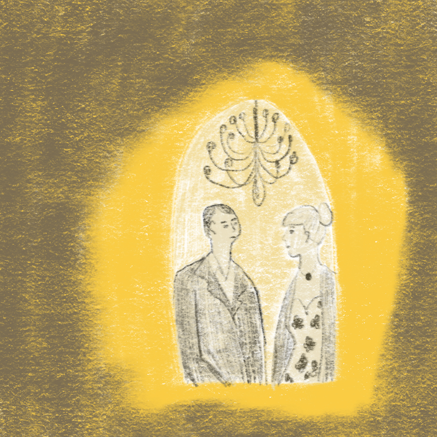 illustration of George Amberson Minafer and Lucy Morgan standing together underneath a chandelier