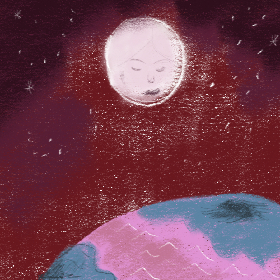 moon shining above the earth with an old woman's face superimposed upon it looking down