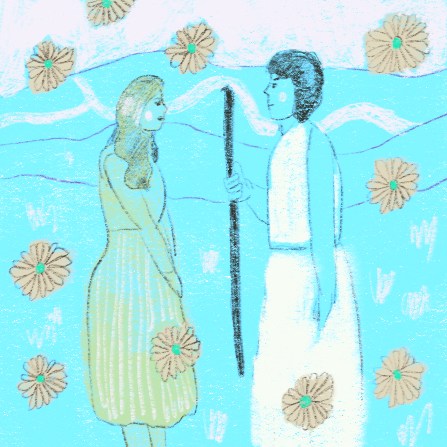 illustration of the Nymph standing opposite the Shepherd with flowers surrounding them