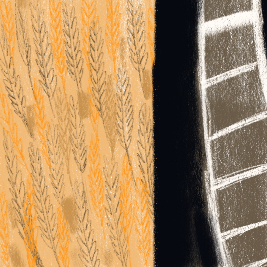 abstract illustration of wheat fields confronting train tracks