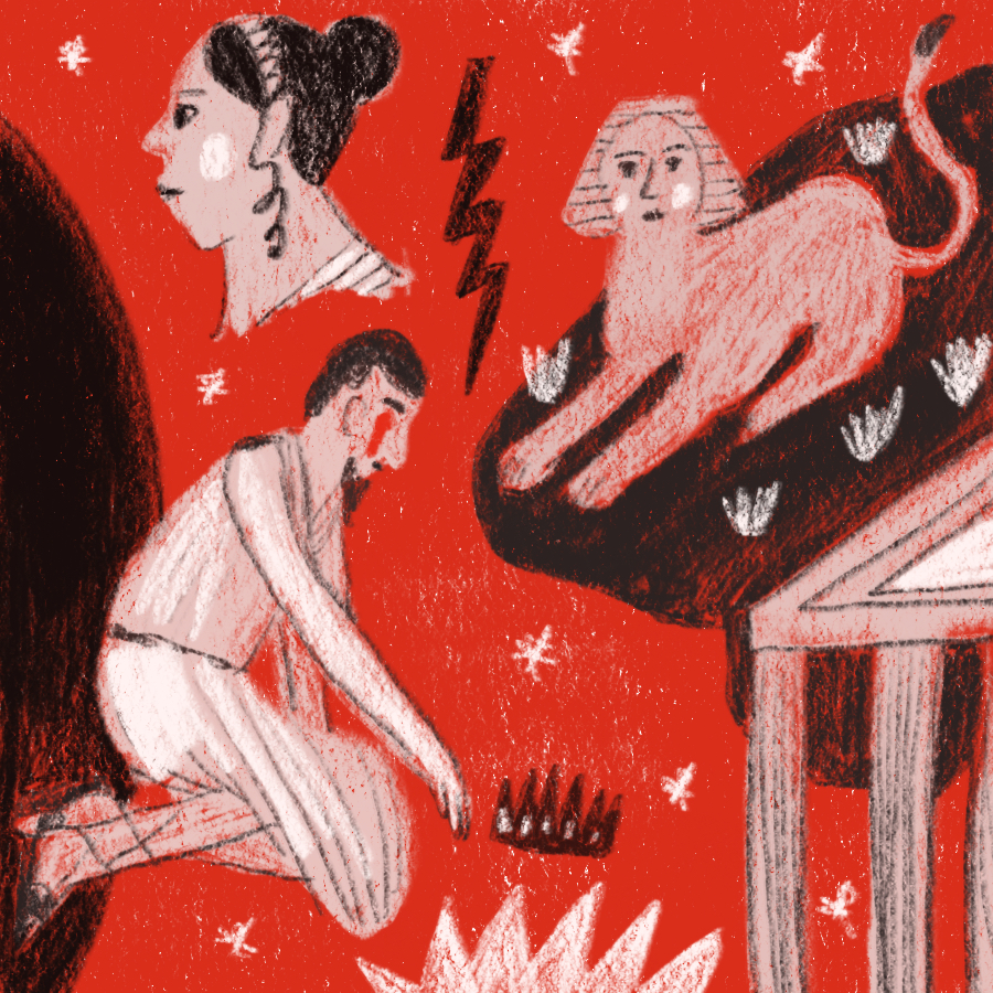 abstract illustration of the Oedipus story depicting the Sphynx, Jocasta, and Oedipus