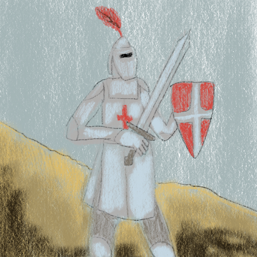 illustration of knight in full armor standing with sword and shield
