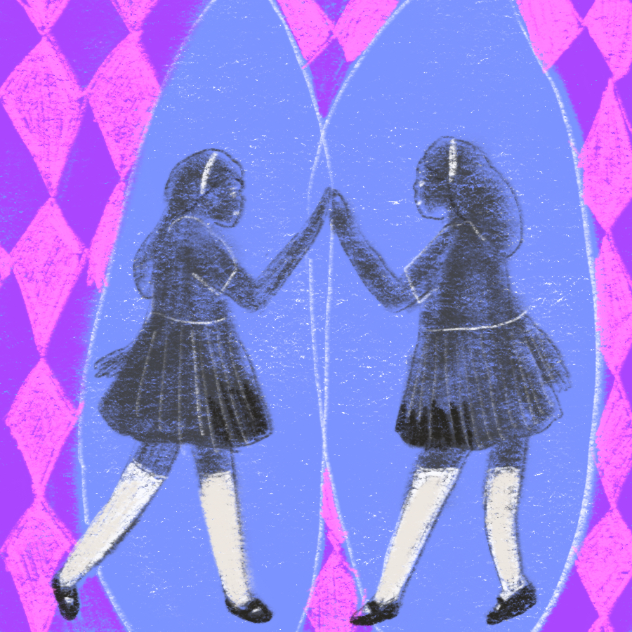Through the Looking-Glass main character Alice standing opposite her own reflection