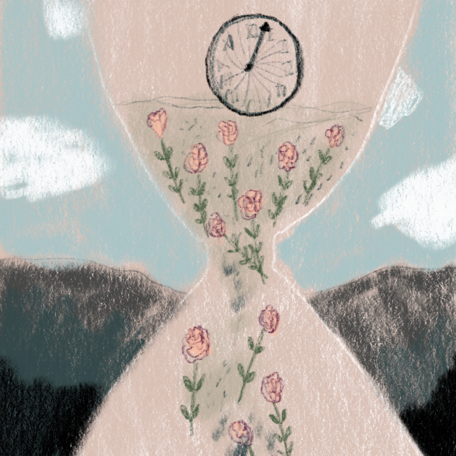 illustration of a large hourglass full of roses with a clock in the top half