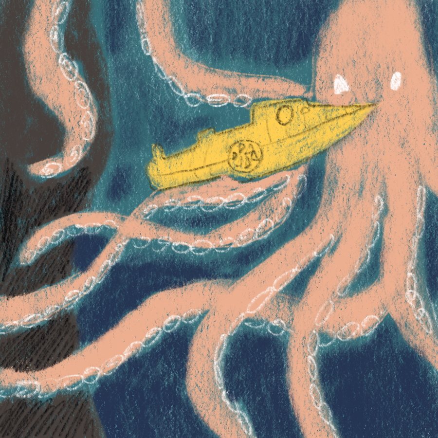 illustration of Captain Nemo's ship, the Nautilus, ramming a giant squid