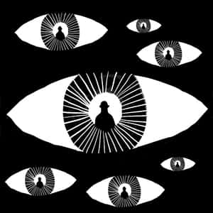 Abstract illustration of seven eyeballs with the silhouette of a man where the pupils should be