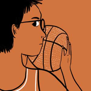 illustration of main character, Junior, holding a basketball and looking over his shoulder