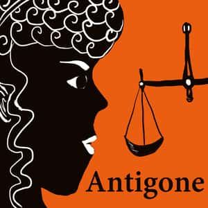 illustrated profile of Antigone staring at the scales of justice