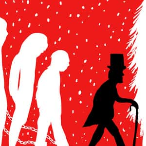 illustration of Ebenezer Scrooge in silhouette walking toward a Christmas tree and followed by the three ghosts