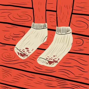 Illustration of a person's lower extremeties wearing a pair of bloody socks