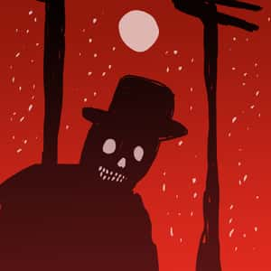 Silhouette of a grinning person wearing a top hat with a skull-like face and a red nighttime sky in the background