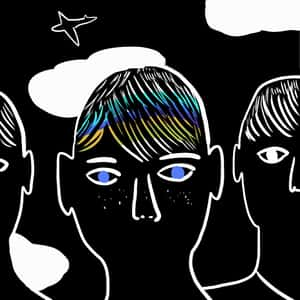 Black, white, and blue illustration of the outline of three heads with whispy hair