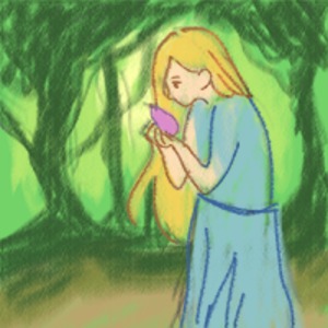 illustration of Laura standing in the forest holding a goblin fruit