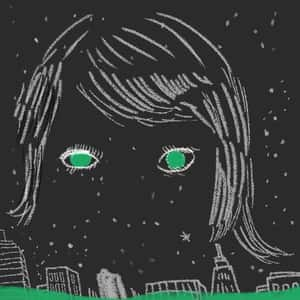 Illustration of a mostly faceless head with eyeballs and hair hovering over some buildings and a starry sky