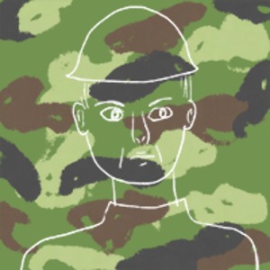 illustration of the outline of a soldier's face set against a backdrop of green camouflage
