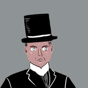 Illustration of Jack Worthing in a top hat and formal attire, and a concerned expression on his face