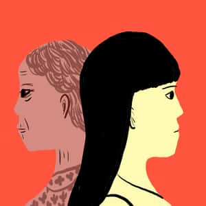 Illustration of the profiles of a young woman and an older woman facting away from each other