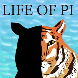 illustrated portrait of a tiger with half its face in shadow and the title Life of Pi above it