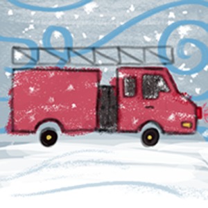 illustrated firetruck driving through the snow