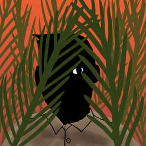 silhouette of a man with one eye open hiding in the jungle