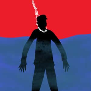 silhouette of a man half submerged in water wiht a noose around his neck