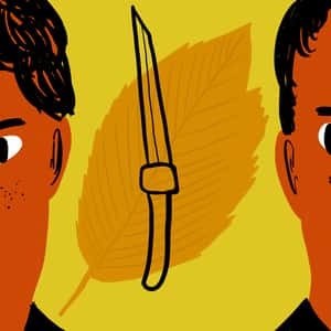 Illustration of a knife and a leaf between two boys