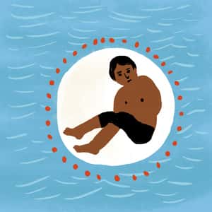 Illustration of a circular portrait of a shirless man with a body of water in the background